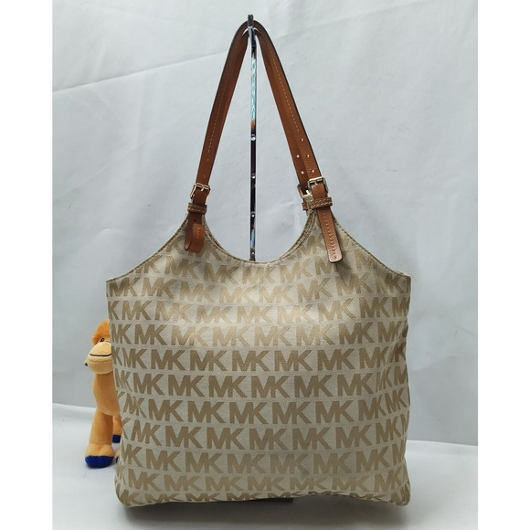 Michael Kors Brown Canvas Leather Trim MK Printed Double Handle Shoulder Bag - Picture 1 of 16